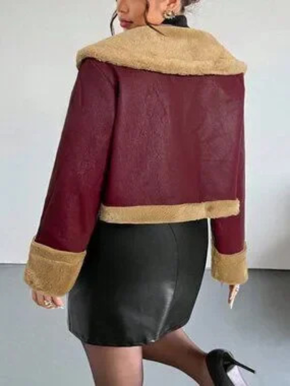 Burgundy Casual Women's Loose Lapel Zipper Short Jacket